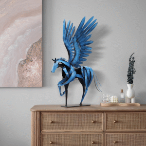 Vintage Blue Flying Horse Sculpture with Wings